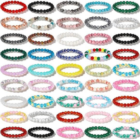 48 Pcs 8mm Round Beaded Bracelets for Women Men Semi Precious Gemstones Bracelet